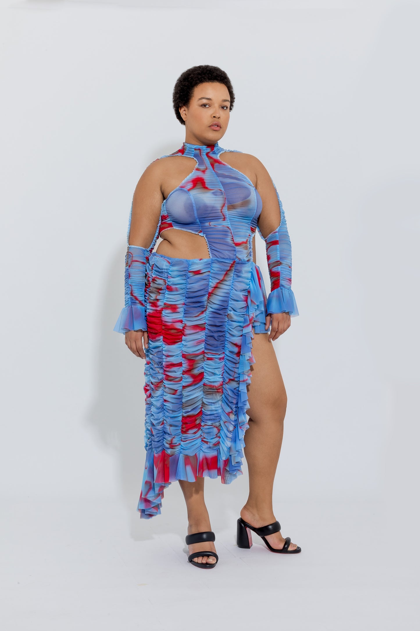 Blue Ruched Low Waist Midi Dress