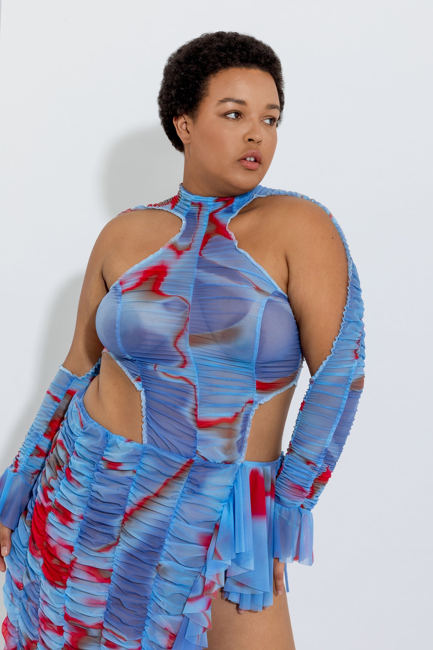 Blue Ruched Low Waist Midi Dress
