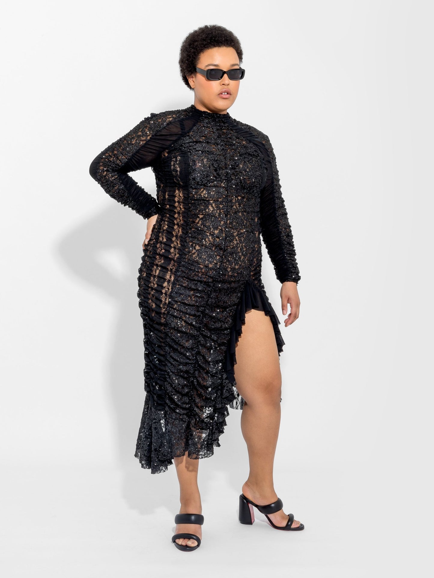Black Multi-Lace Ruched Dress