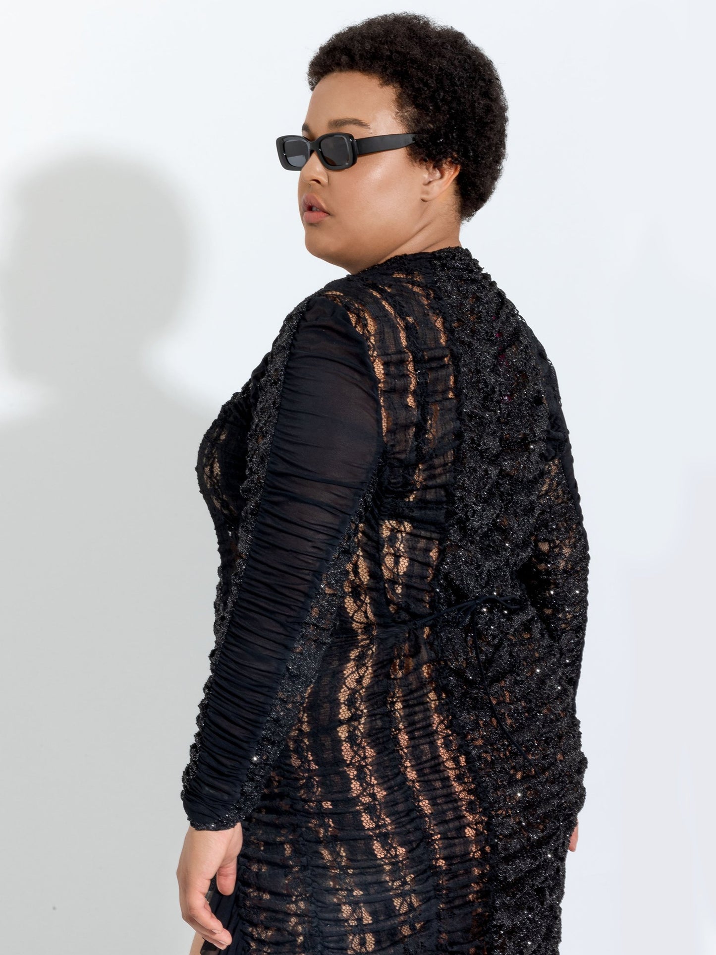 Black Multi-Lace Ruched Dress