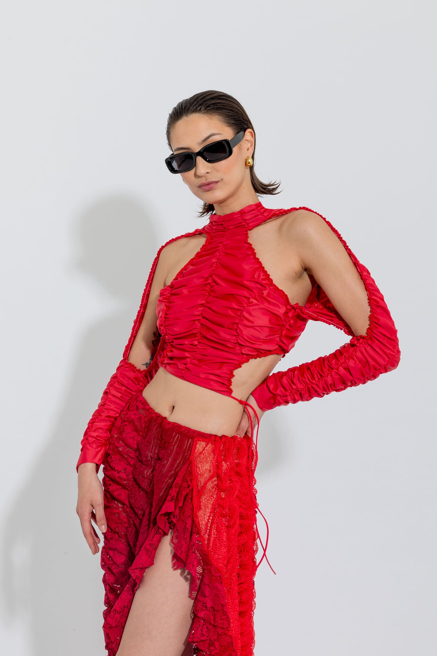 Red Signature Rushed Crop Top