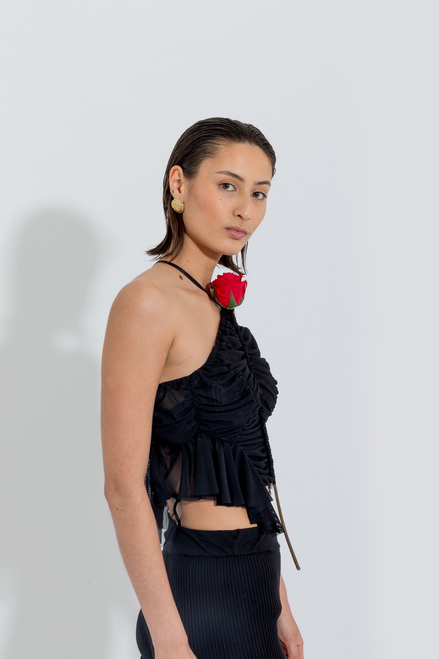 Black Mini Flower Ruched Tank Top