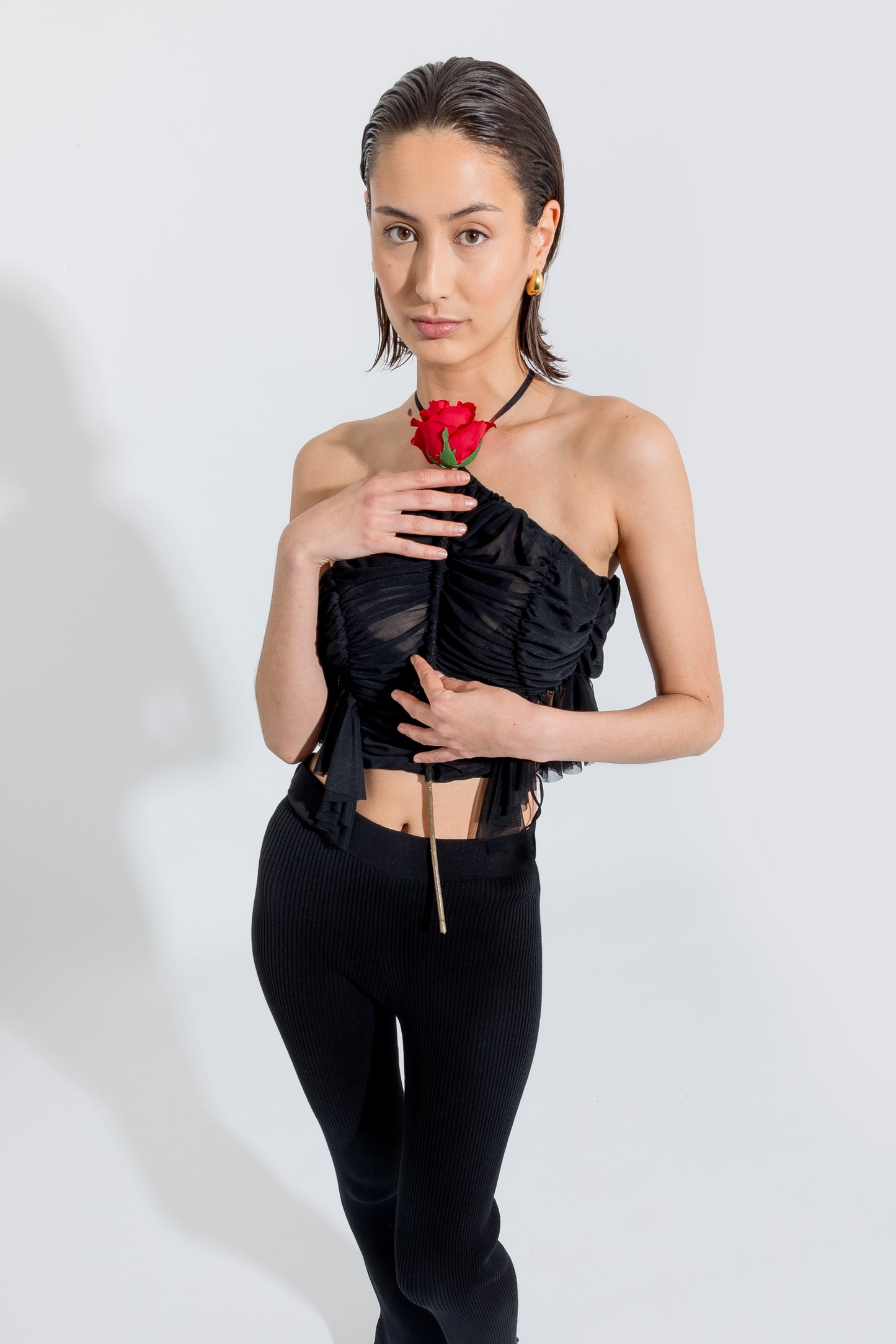 Black Mini Flower Ruched Tank Top