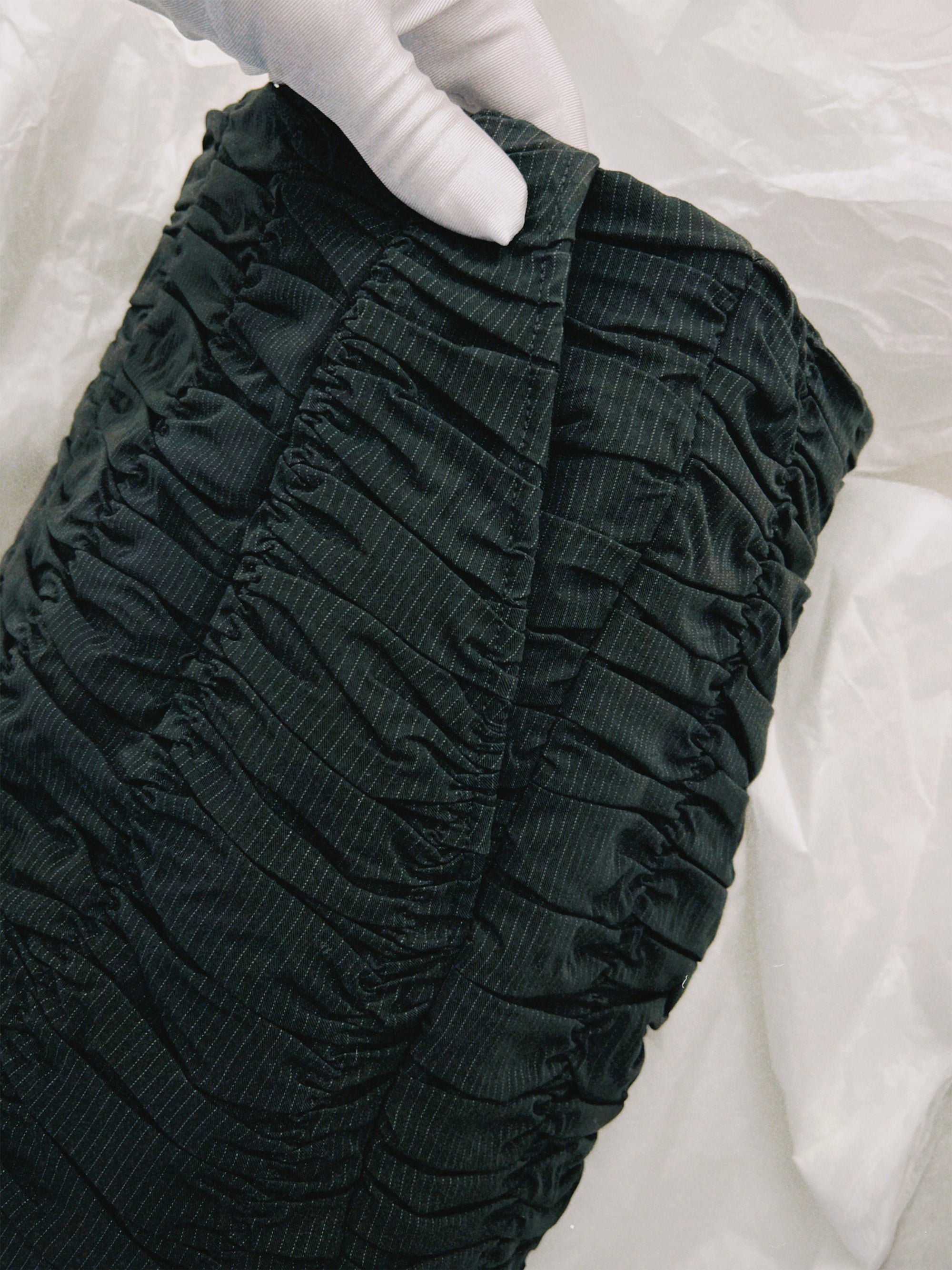 SS25 Look 02 – Pinstripe Ruched Pencil Skirt