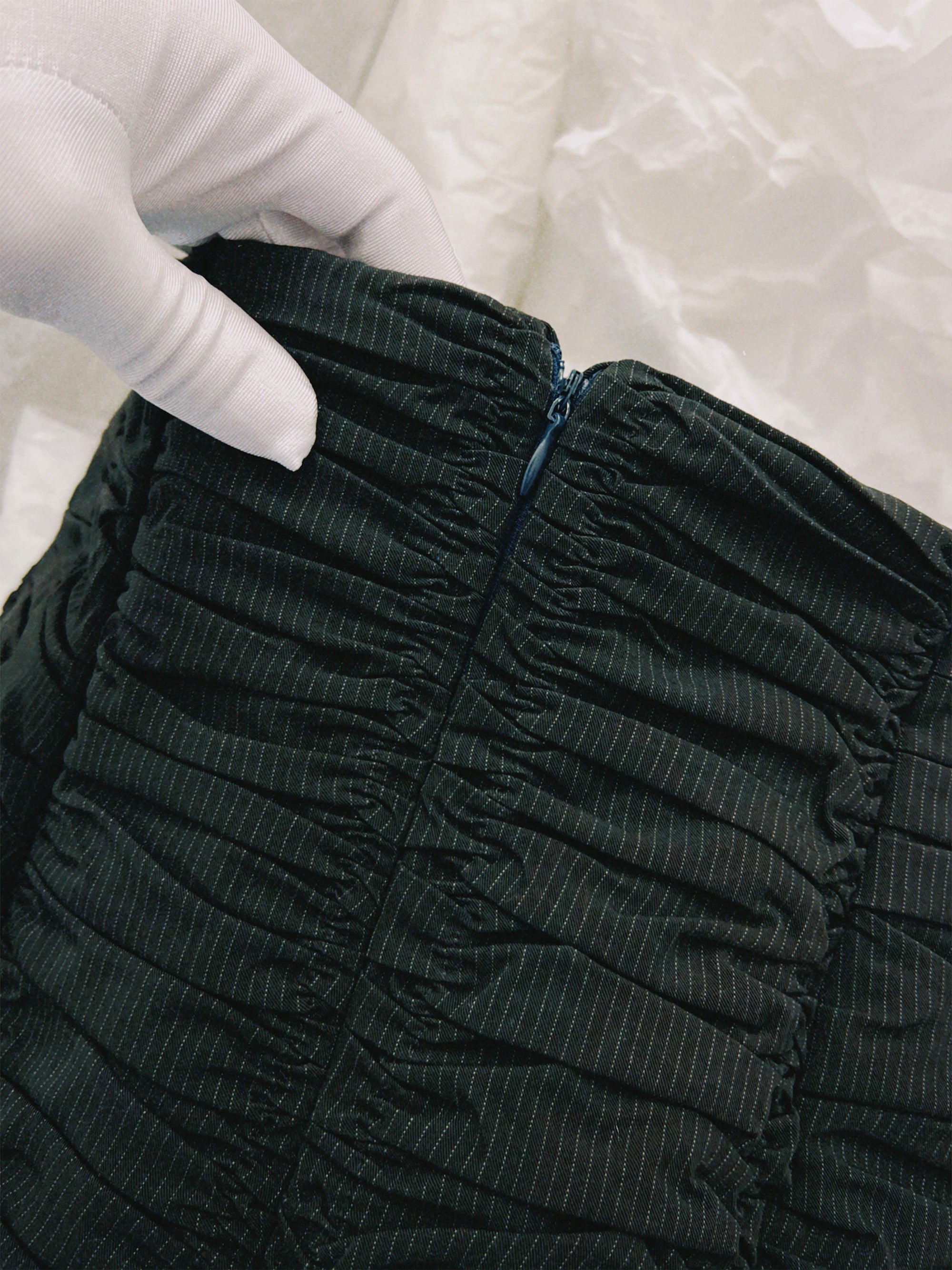 SS25 Look 02 – Pinstripe Ruched Pencil Skirt