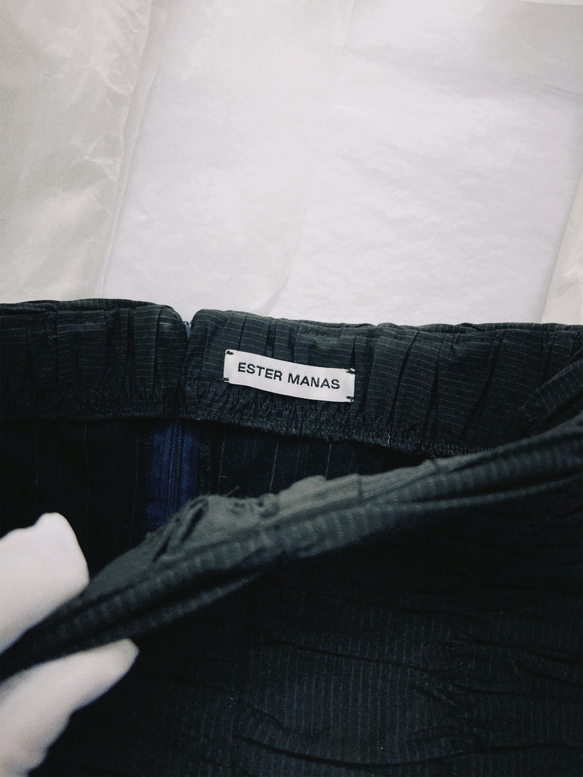 SS25 Look 02 – Pinstripe Ruched Pencil Skirt