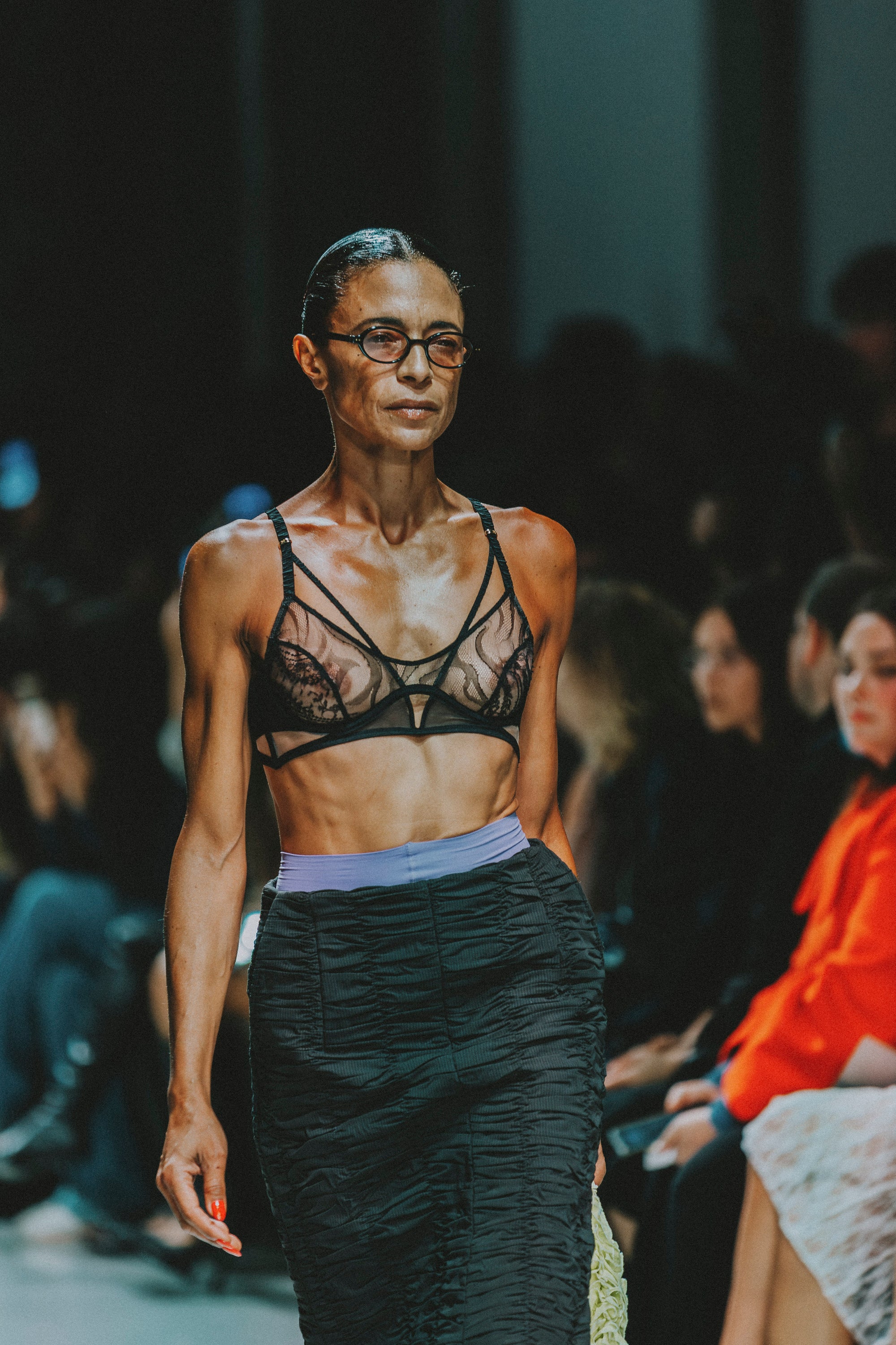 SS25 Look 02 – Pinstripe Ruched Pencil Skirt