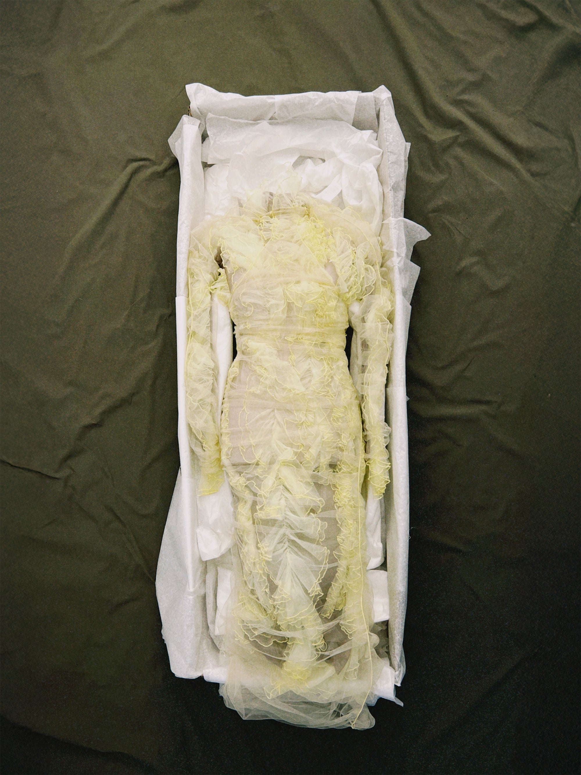 SS25 Look 12 – Yellow Tulle Ruched Maxi Dress