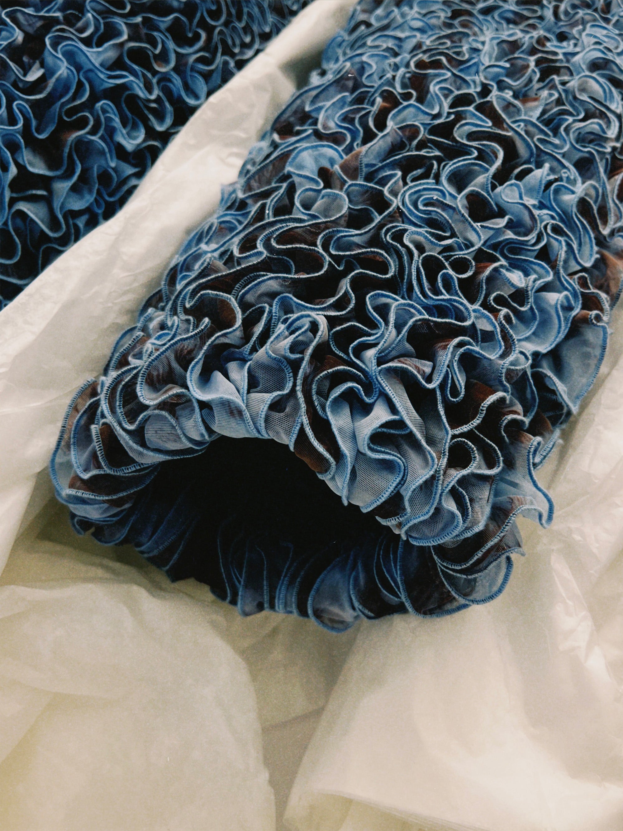 SS25 Sample – Blue & Brown Ruffled Trousers