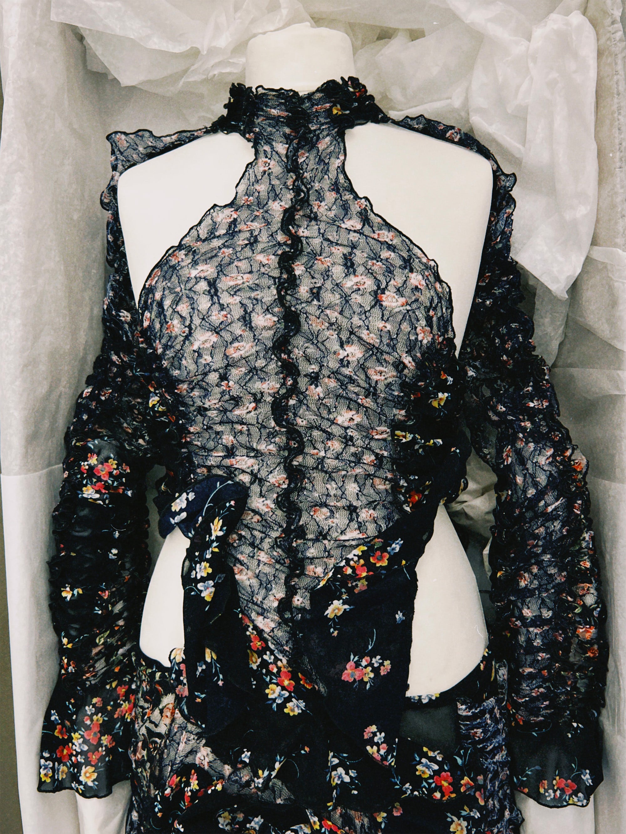 SS25 Look 05 – Floral Sheer Ruched Maxi Dress – Ester Manas SS25 Look 05 – Floral Sheer Ruched Maxi Dress – Ester Manas
