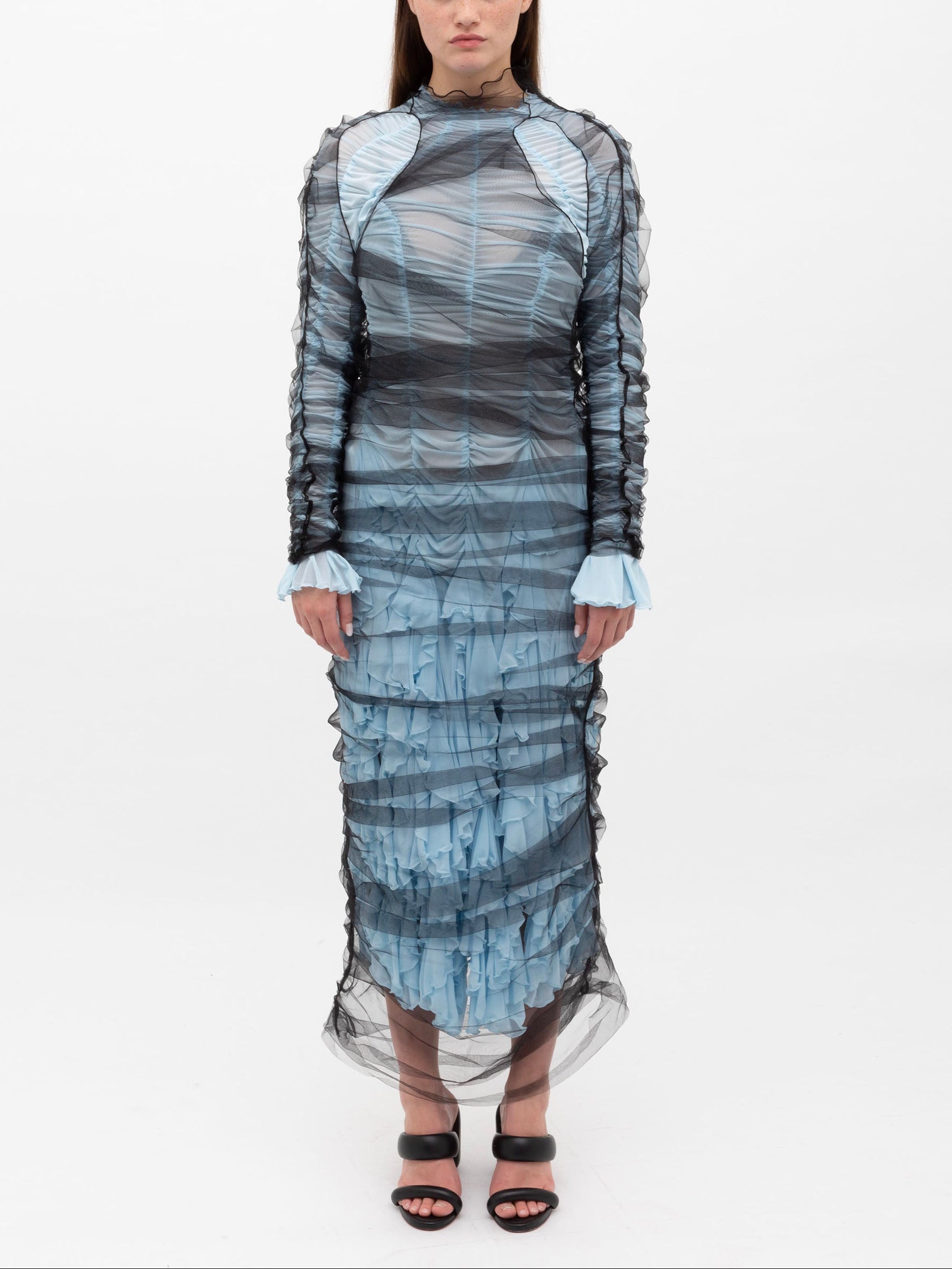 SS25 Look 17 – Blue & Black Tulle Ruched Dress