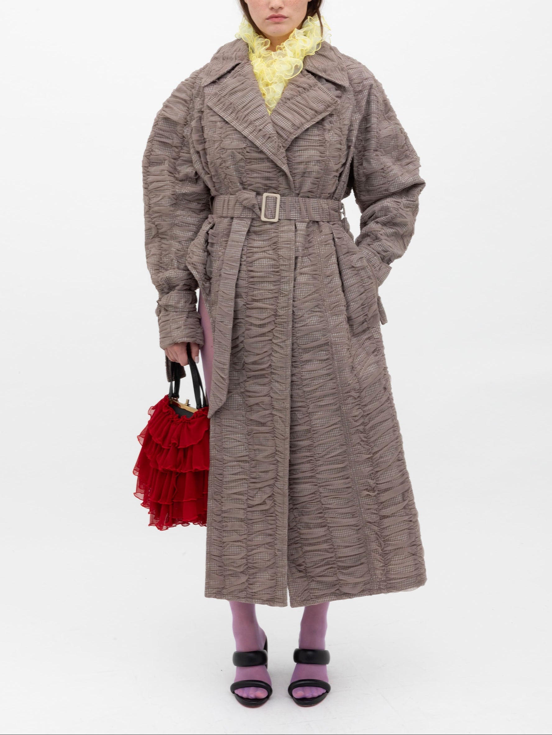 SS25 Look 20 – Taupe Ruched Trench Coat