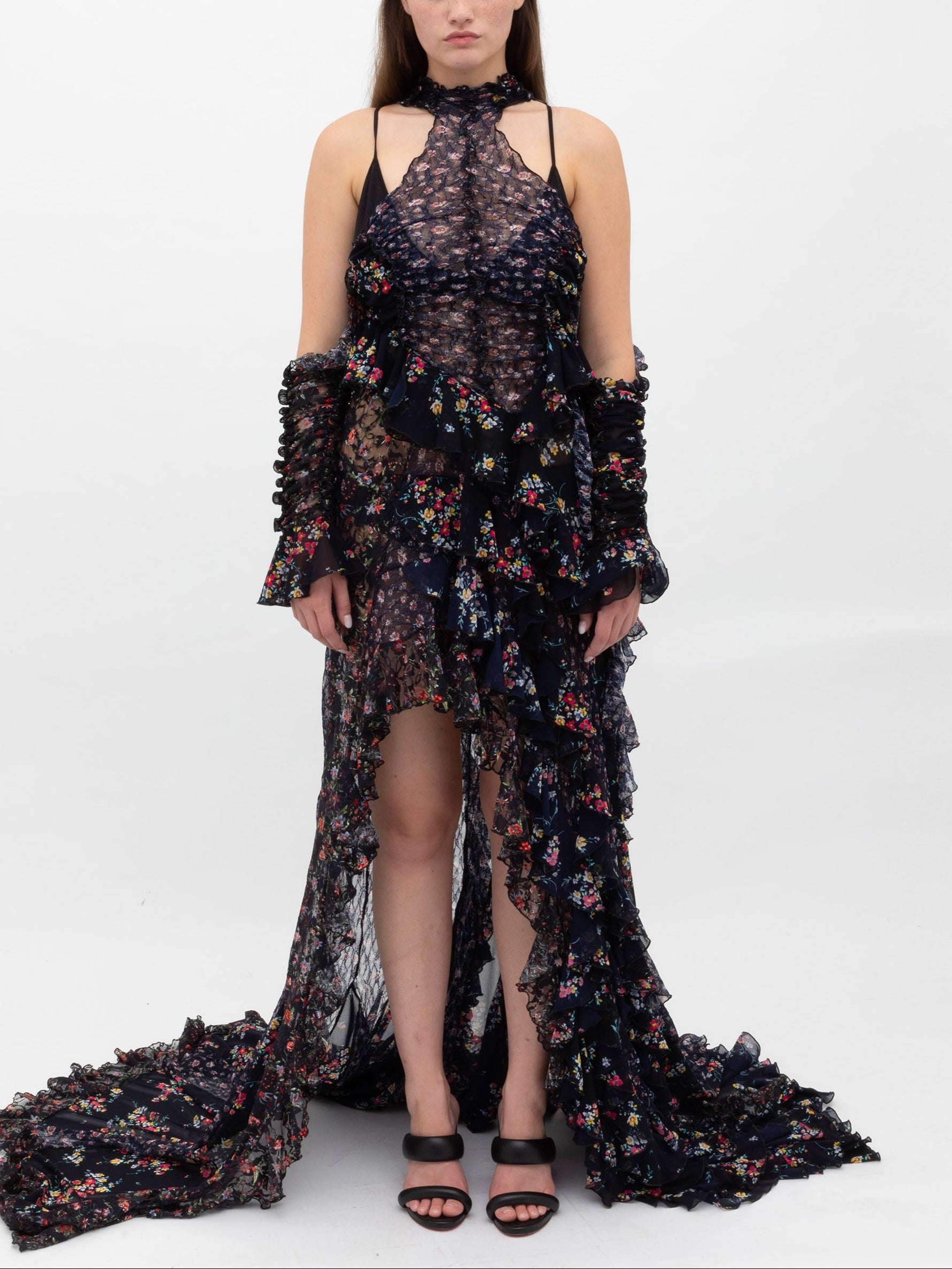 SS25 Look 05 – Floral Sheer Ruched Maxi Dress