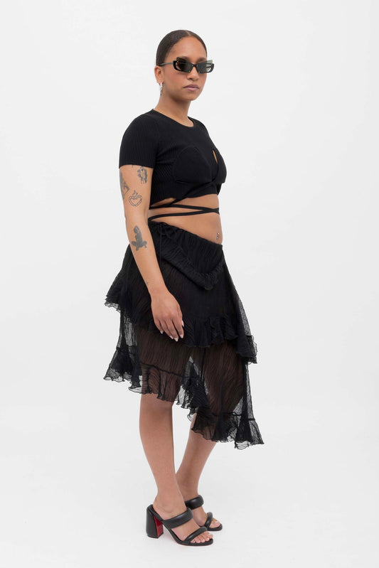 Black Crumpled Midi Skirt
