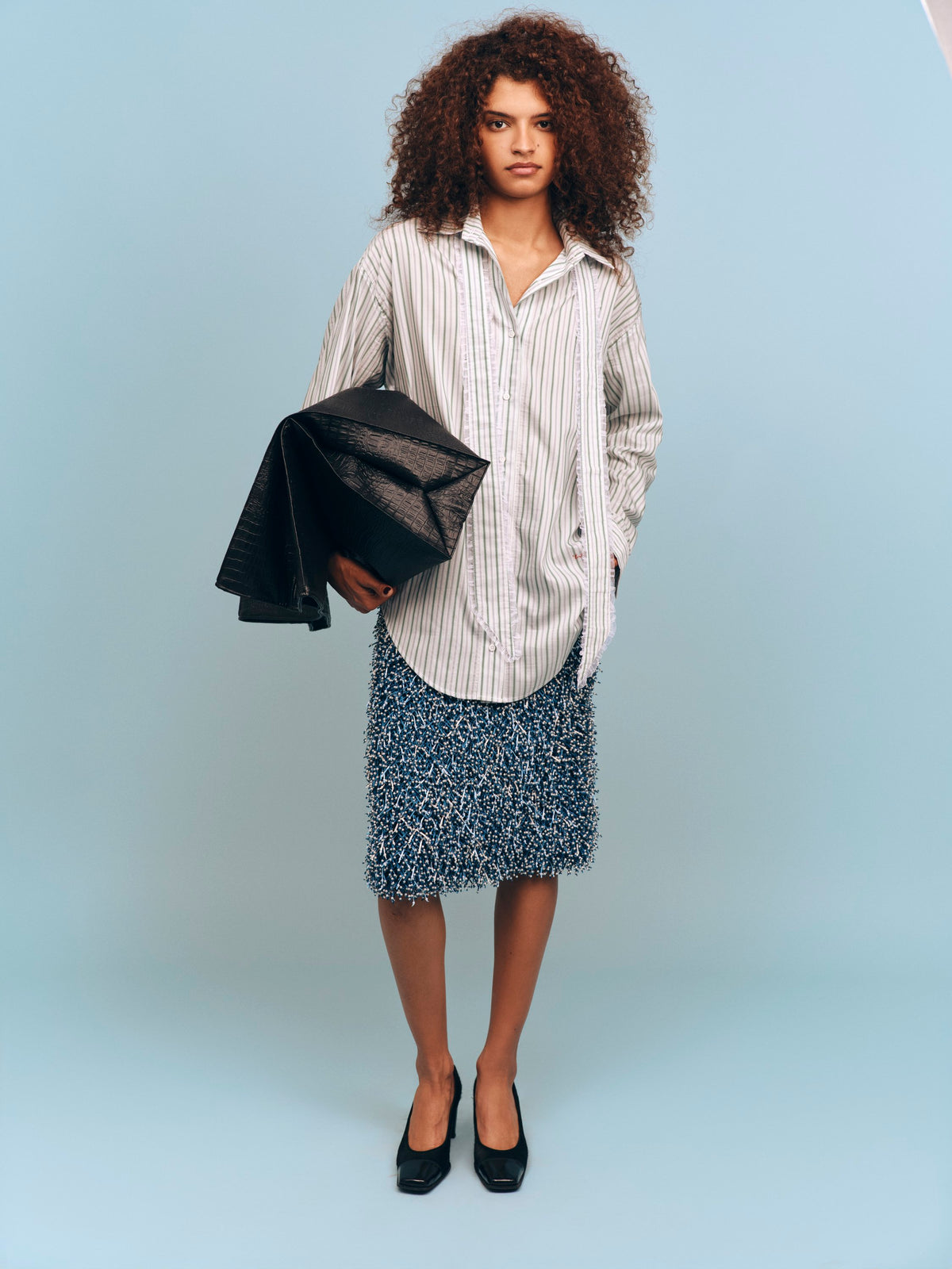 Green Striped Oversize Pussy-Bow Shirt