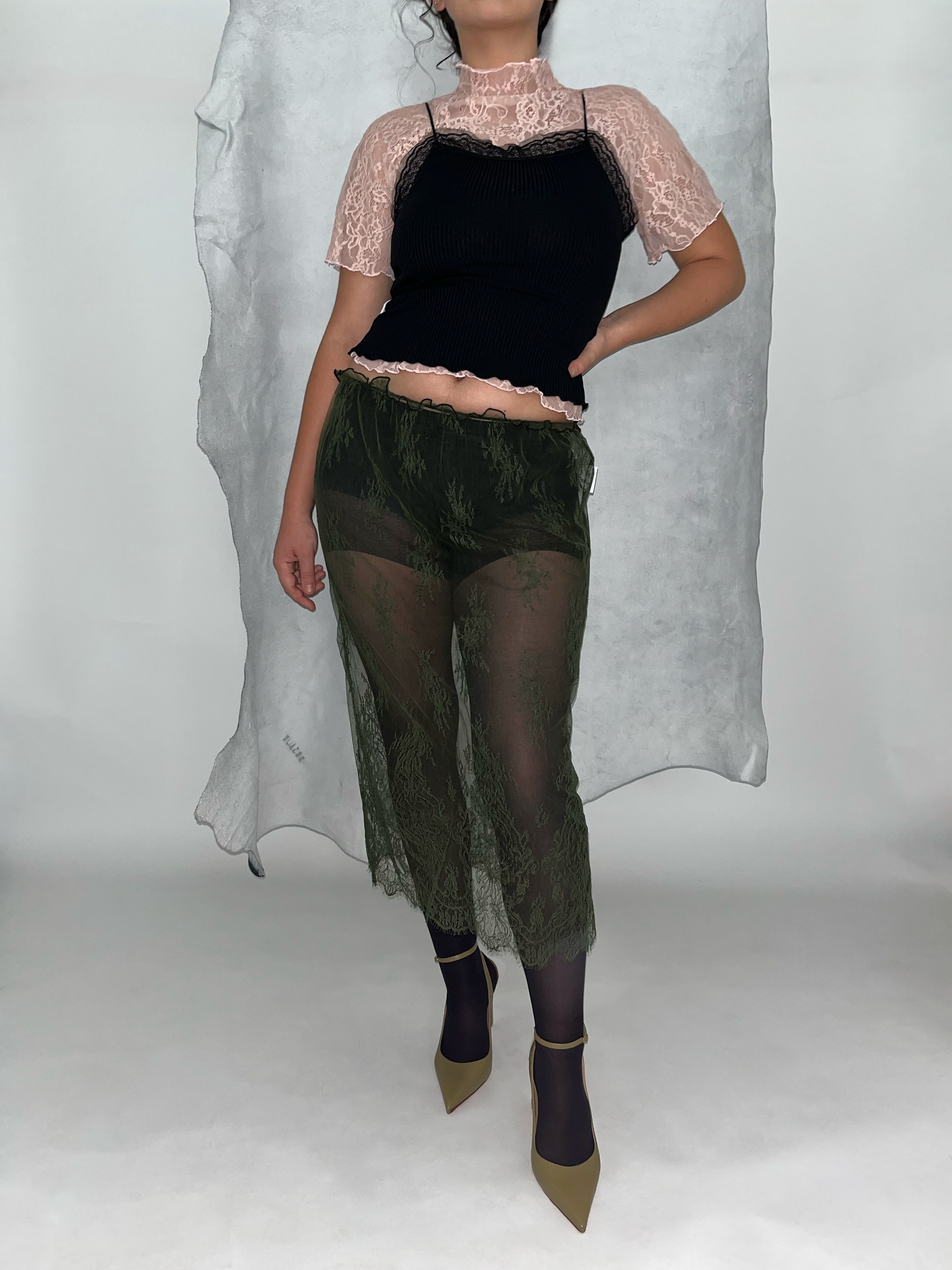 Khaki Green Floral Lace Skirt