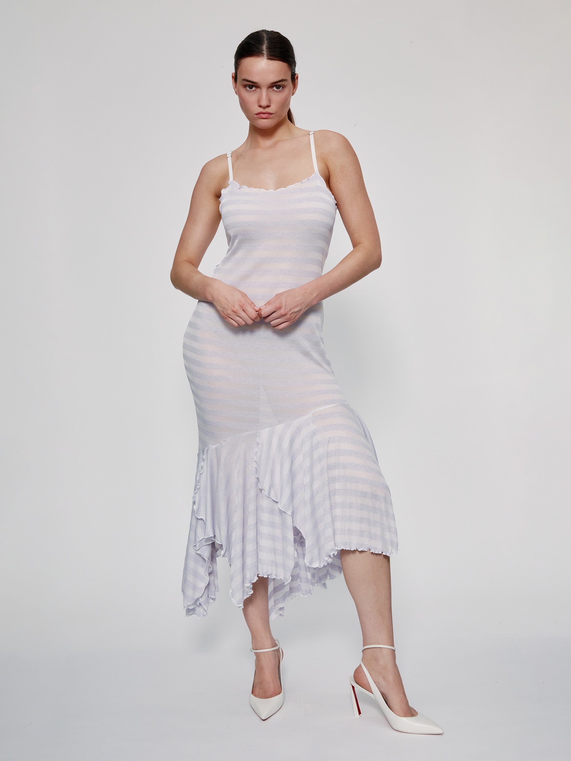 Lilac & White Striped Spaghetti Easy Dress