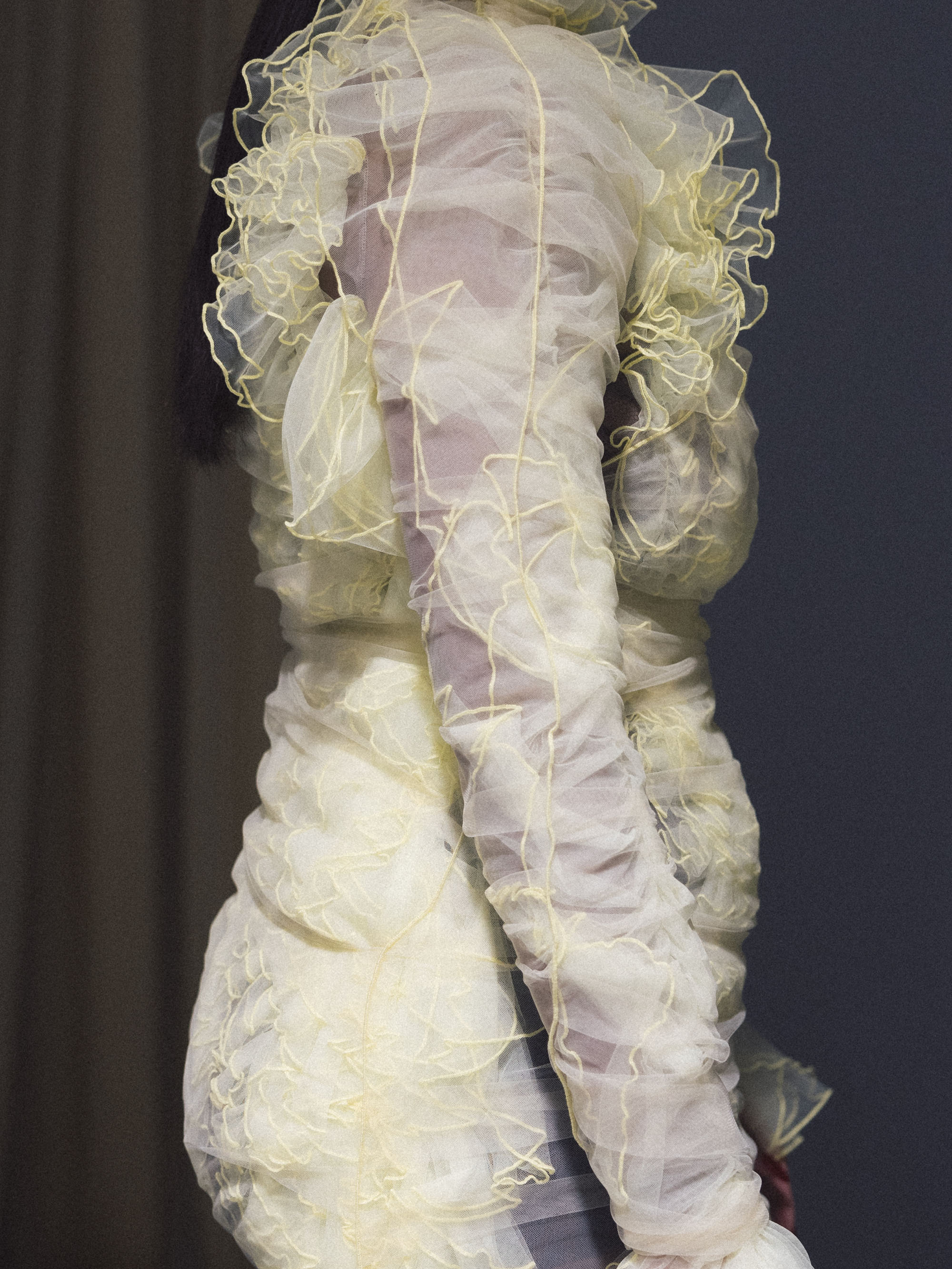 SS25 Look 12 – Yellow Tulle Ruched Maxi Dress