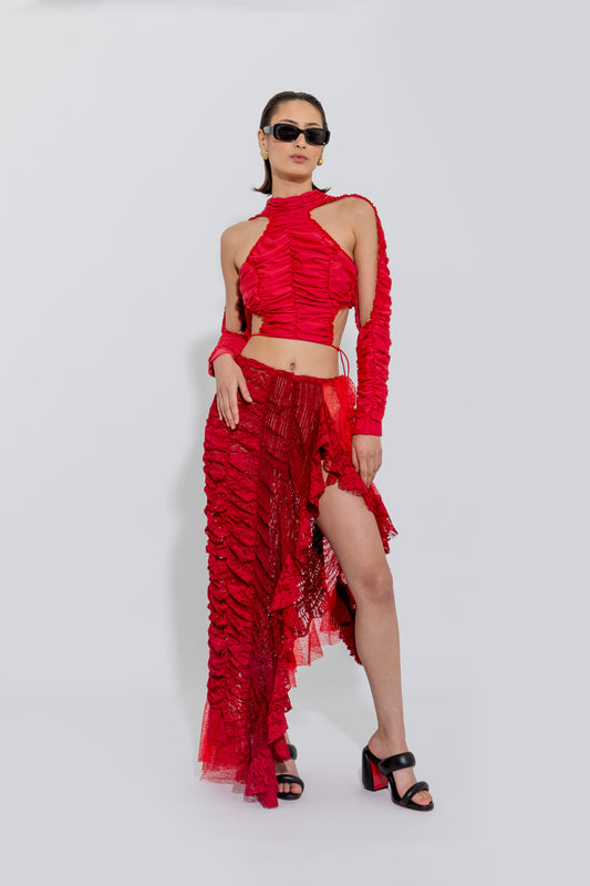 Red Petal Ruched Skirt