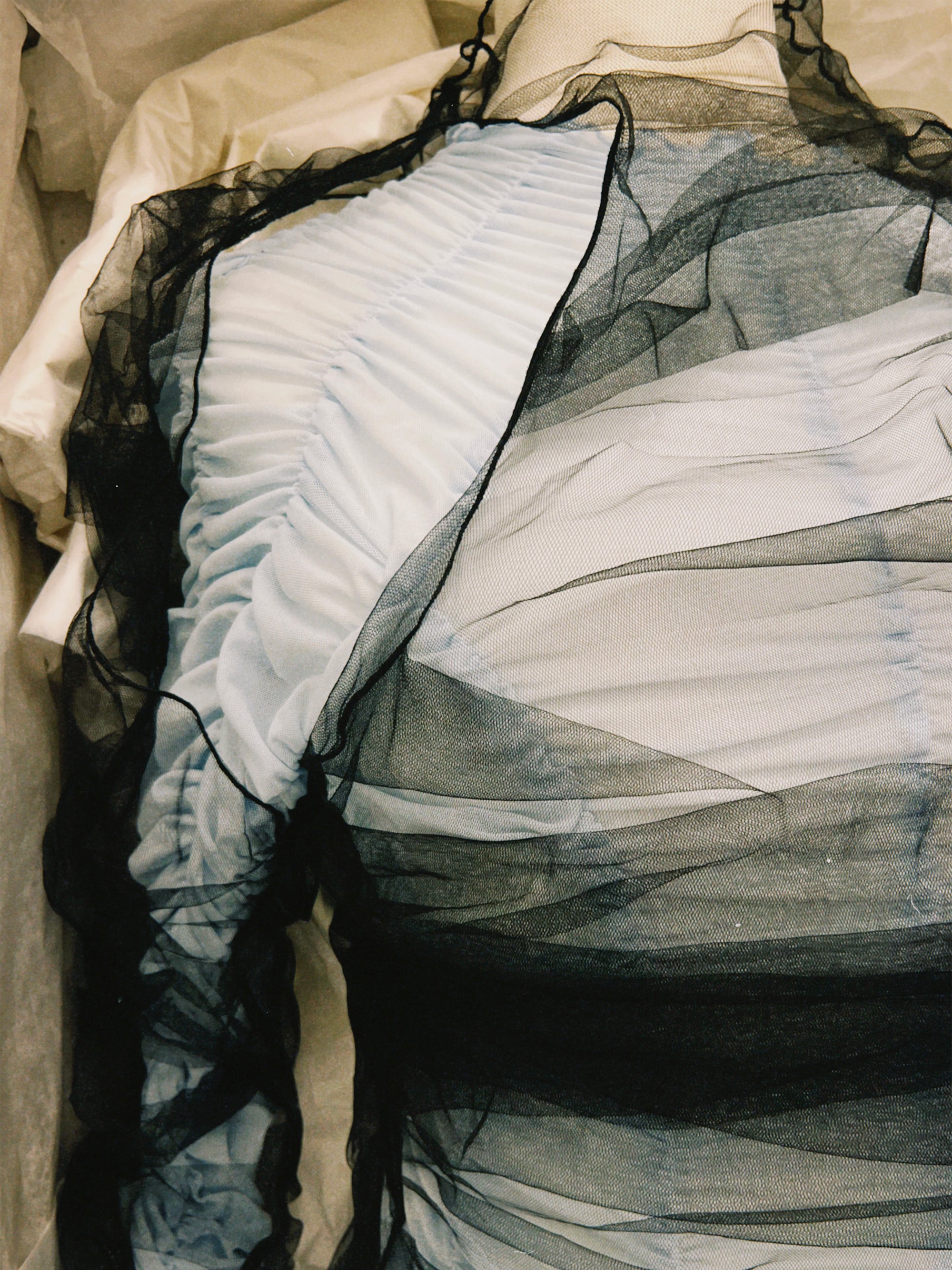 SS25 Look 17 – Blue & Black Tulle Ruched Dress